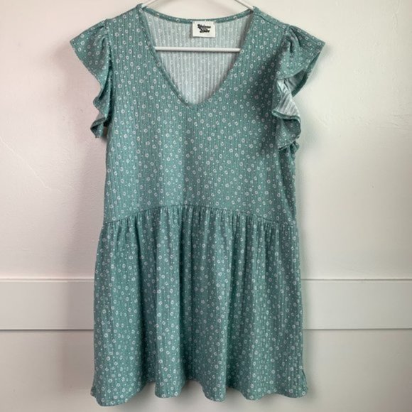 Unicorn Tribe Turquoise Flowered Ribbed Mini Dress - Picture 1 of 5